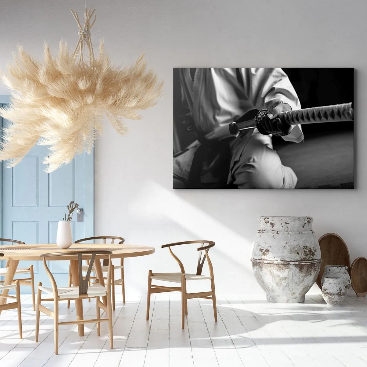 Obraz na płótnie - Samuraj w kimono trzymający katanę w czarno-białej tonacji - 120x80cm - Dusza wojownika - Nowoczesna dekoracja ścienna do salonu, kuchni i sypialni ARTTOR