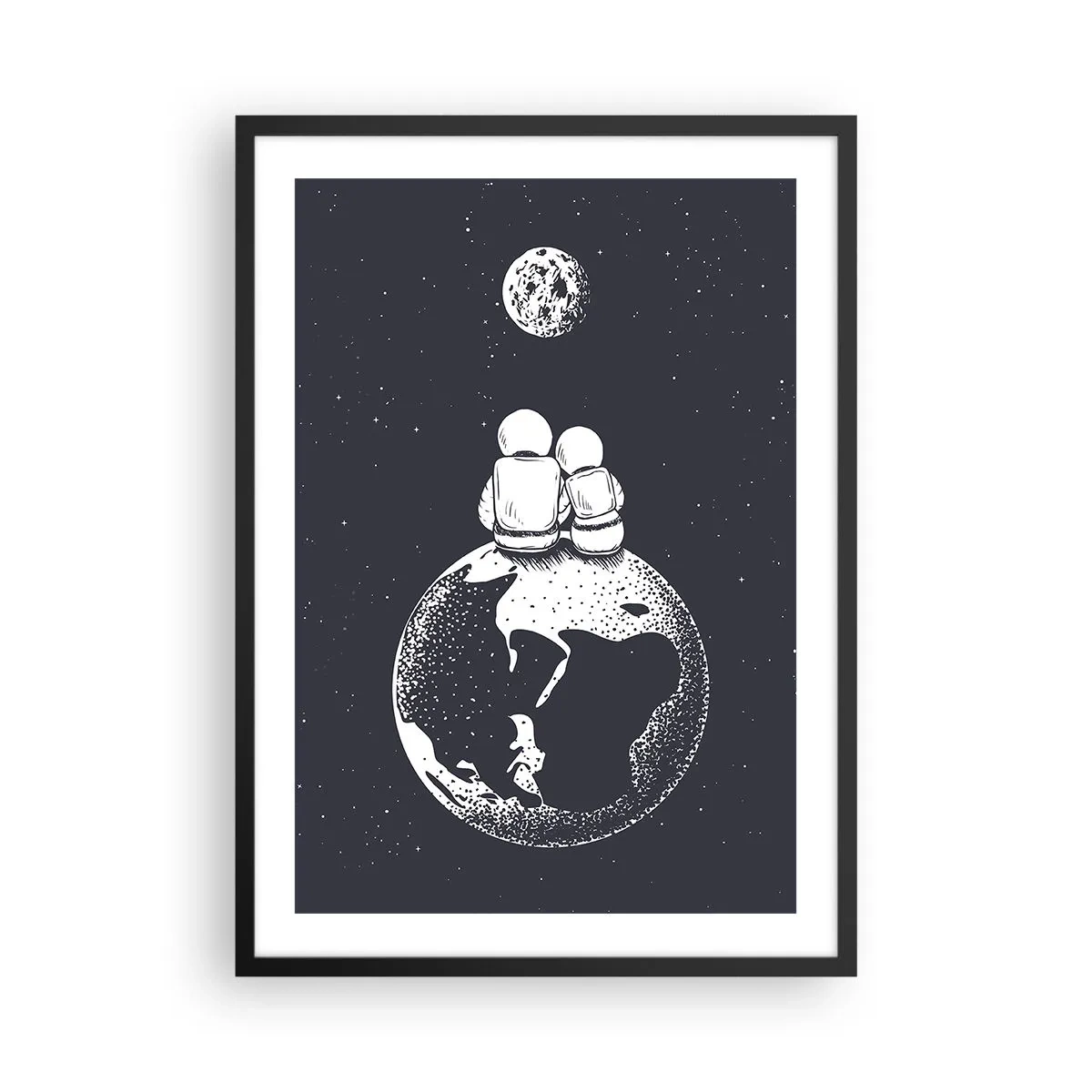 Plakat w czarnej ramie - Astronauci siedzący na Ziemi i patrzący na Księżyc - 50x70cm - Kosmiczne love story - Nowoczesna dekoracja ścienna do salonu i sypialni ARTTOR