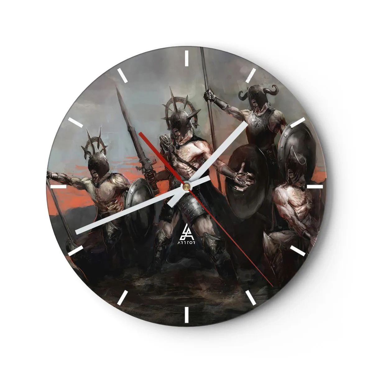 Zegar ścienny - Grupa wojowników w zbrojach z tarczami i włóczniami w dynamicznej scenie - 30x30cm - Z tarczą lub na tarczy - Nowoczesna dekoracja ścienna do salonu, kuchni i sypialni ARTTOR