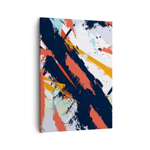 Obraz na płótnie - Abstrakcyjna kompozycja z dynamicznymi pociągnięciami w odcieniach granatu, pomarańczu i bieli - 50x70cm - Kompozycja dynamiczna - Nowoczesna dekoracja ścienna do salonu, kuchni i sypialni ARTTOR