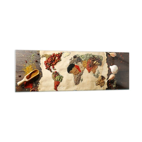 Obraz na szkle - Mapa świata wykonana z przypraw na drewnianym tle - 160x50cm - Wszystkie smaki świata - Nowoczesna dekoracja ścienna do salonu i sypialni ARTTOR