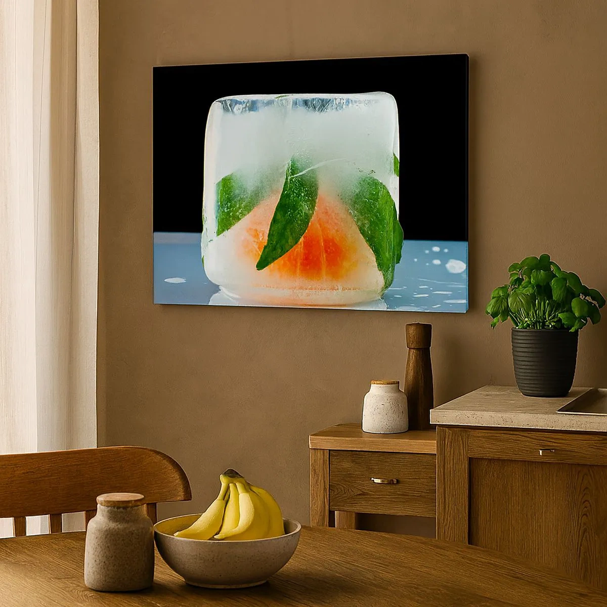 Obraz na płótnie - Kostka lodu z pomarańczą i liśćmi - 70x50cm - Świeżość i ochłoda - Nowoczesna dekoracja ścienna do salonu i sypialni ARTTOR
