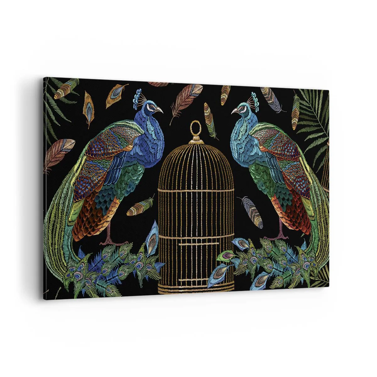 Obraz na płótnie - Pawie przy złotej klatce na czarnym tle - 100x70cm - W królewskich szatach - Nowoczesna dekoracja ścienna do salonu, kuchni i sypialni ARTTOR
