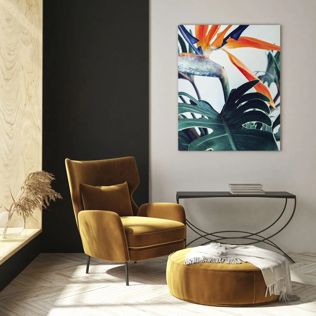 Obraz na szkle - Kwiat strelicji w otoczeniu liści w jasnym świetle - 70x100cm - Ptakokrzak - Nowoczesna dekoracja ścienna do salonu i sypialni ARTTOR