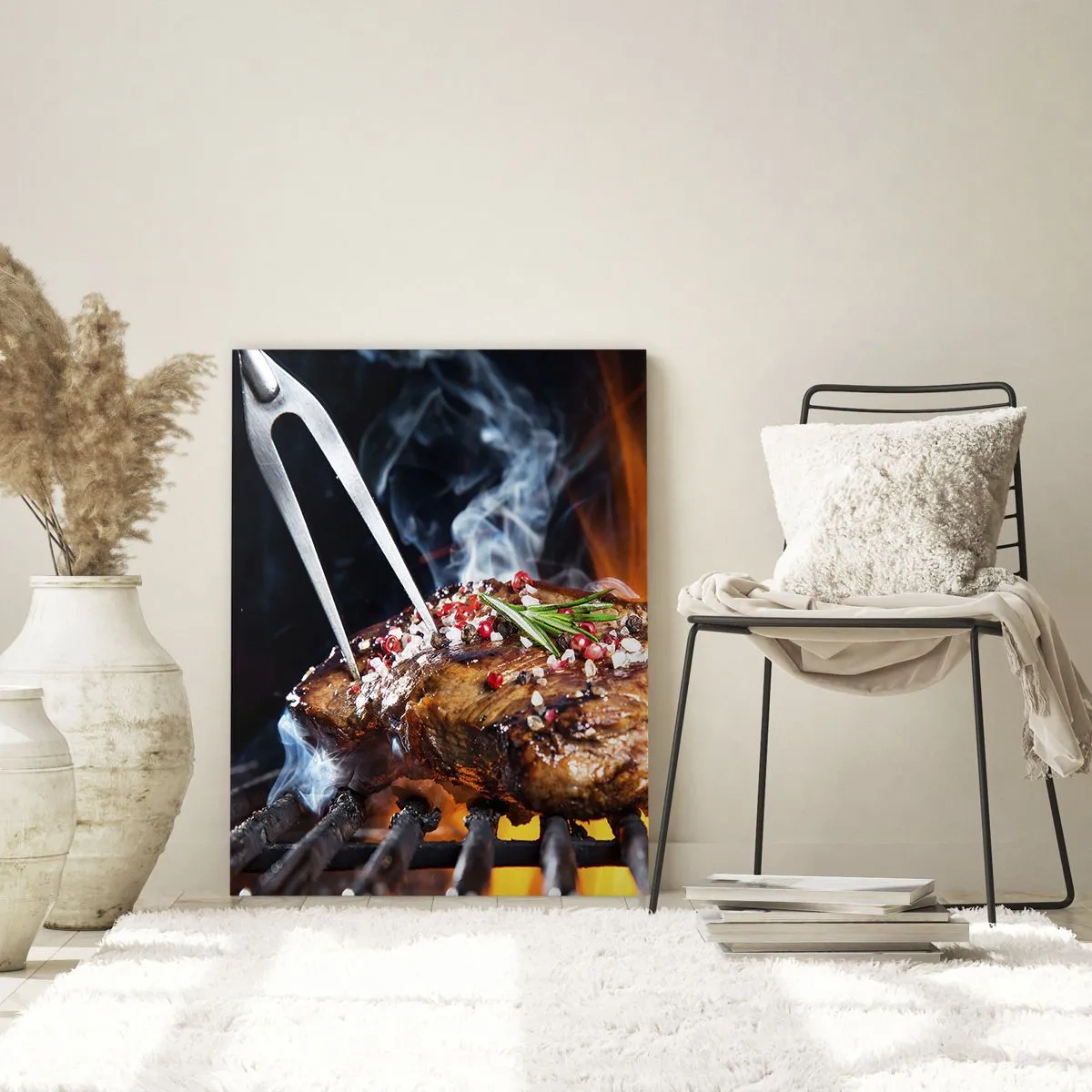 Obraz na szkle - Grillowany stek na ruszcie z przyprawami - 70x100cm - Soczyste i wonne - Nowoczesna dekoracja ścienna do salonu i sypialni ARTTOR