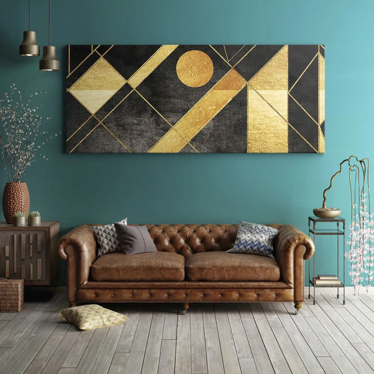 Obraz na płótnie - Geometryczne kształty w złotych i czarnych tonacjach - 120x50cm - Słońce pustyni - Nowoczesna dekoracja ścienna do salonu i sypialni ARTTOR