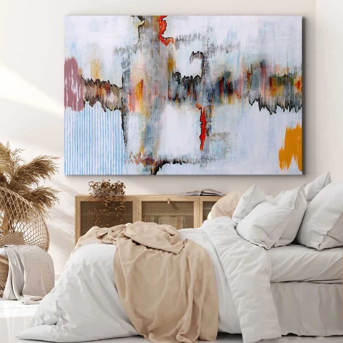 Obraz na płótnie - Abstrakcyjny wzór z żywymi kolorami na jasnym tle - 70x50cm - Patykiem na wodzie - Nowoczesna dekoracja ścienna do salonu i sypialni ARTTOR