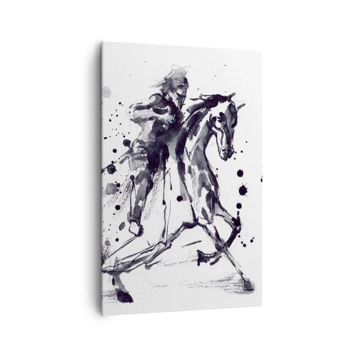Obraz na płótnie - Czarno-biała akwarela jeźdźca na galopującym koniu - 80x120cm - Czarny rycerz - Nowoczesna dekoracja ścienna do salonu i sypialni ARTTOR