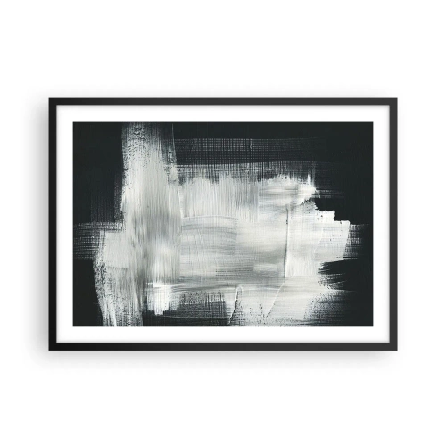 Plakat w czarnej ramie - Białe abstrakcyjne pociągnięcia na ciemnym tle - 70x50cm - Utkane z pionu i poziomu - Nowoczesna dekoracja ścienna do salonu i sypialni ARTTOR