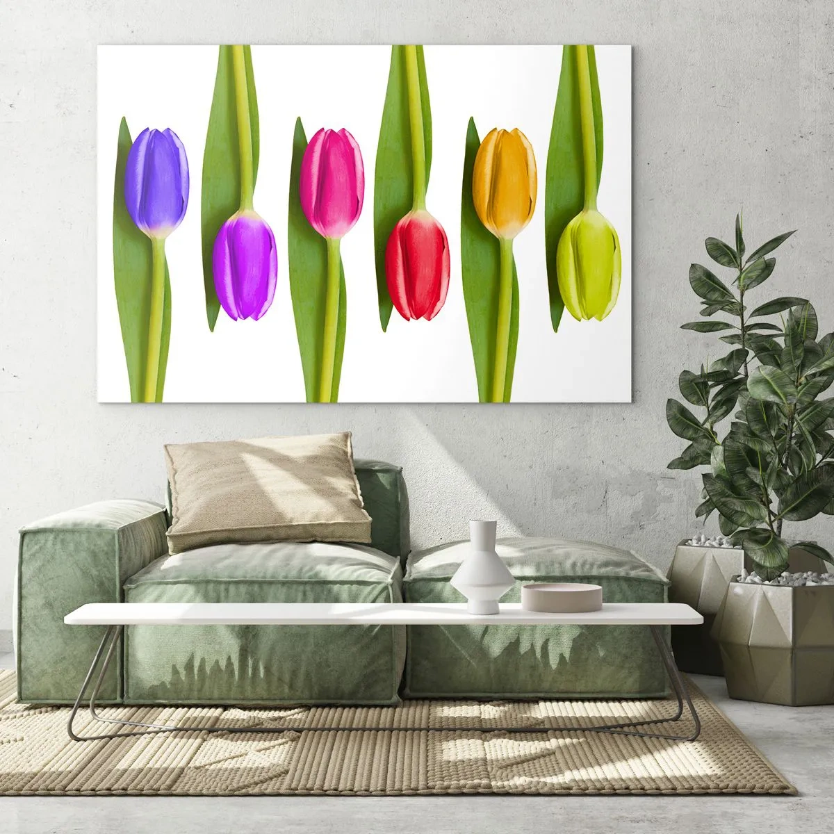 Obraz na szkle - Kolorowe tulipany ułożone na białym tle - 120x80cm - Tęczowa kompozycja - Nowoczesna dekoracja ścienna do salonu, kuchni i sypialni ARTTOR