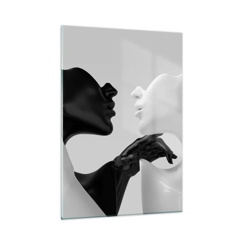 Obraz na szkle - Czarno-białe postacie w zmysłowym zbliżeniu - 50x70cm - Przyciąganie – pożądanie - Nowoczesna dekoracja ścienna do salonu, kuchni i sypialni ARTTOR