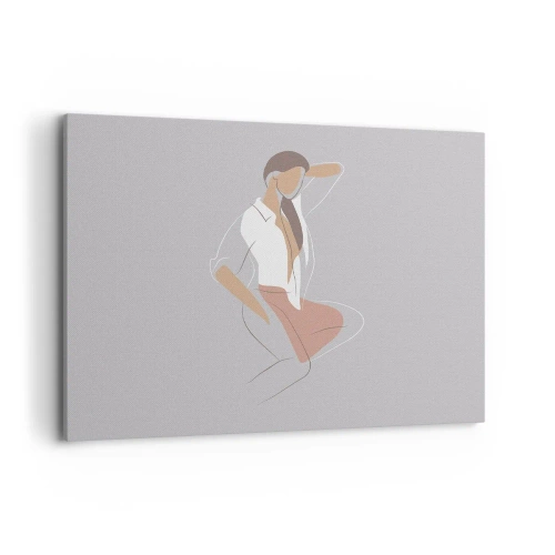 Obraz na płótnie - Minimalistyczny portret kobiety w pastelowych barwach - 100x70cm - Zarys wdzięku - Nowoczesna dekoracja ścienna do salonu, kuchni i sypialni ARTTOR