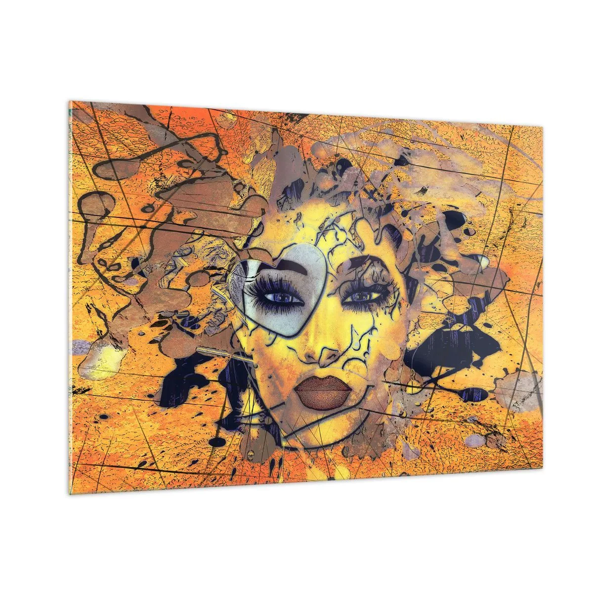 Obraz na szkle - Abstrakcyjna twarz kobiety w złoto-pomarańczowych tonach - 100x70cm - Słoneczna piękność - Nowoczesna dekoracja ścienna do salonu, kuchni i sypialni ARTTOR