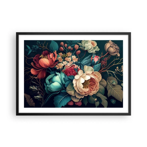 Plakat w czarnej ramie - Barwna kompozycja kwiatów na ciemnym tle - 70x50cm - XIX-wieczny czar - Nowoczesna dekoracja ścienna do salonu i sypialni ARTTOR