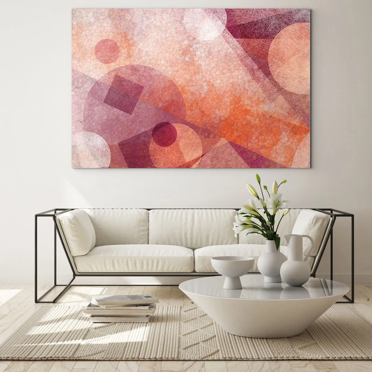 Obraz na szkle - Abstrakcyjna kompozycja geometryczna w odcieniach różu i pomarańczu - 100x70cm - Przekształcenia geometryczne w różu - Nowoczesna dekoracja ścienna do salonu, kuchni i sypialni ARTTOR