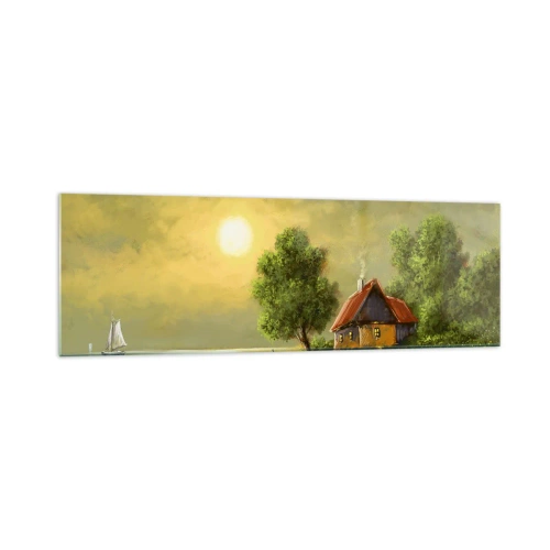 Obraz na szkle - Dom nad jeziorem w świetle zachodzącego słońca - 160x50cm - Pięknie, jak z obrazka - Nowoczesna dekoracja ścienna do salonu i sypialni ARTTOR