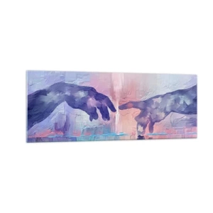 Obraz na szkle - Symboliczne dłonie w abstrakcyjnych barwach, odwołujące się do motywu stworzenia - 140x50cm - Boska iskra życia - Nowoczesna dekoracja ścienna do salonu i sypialni ARTTOR