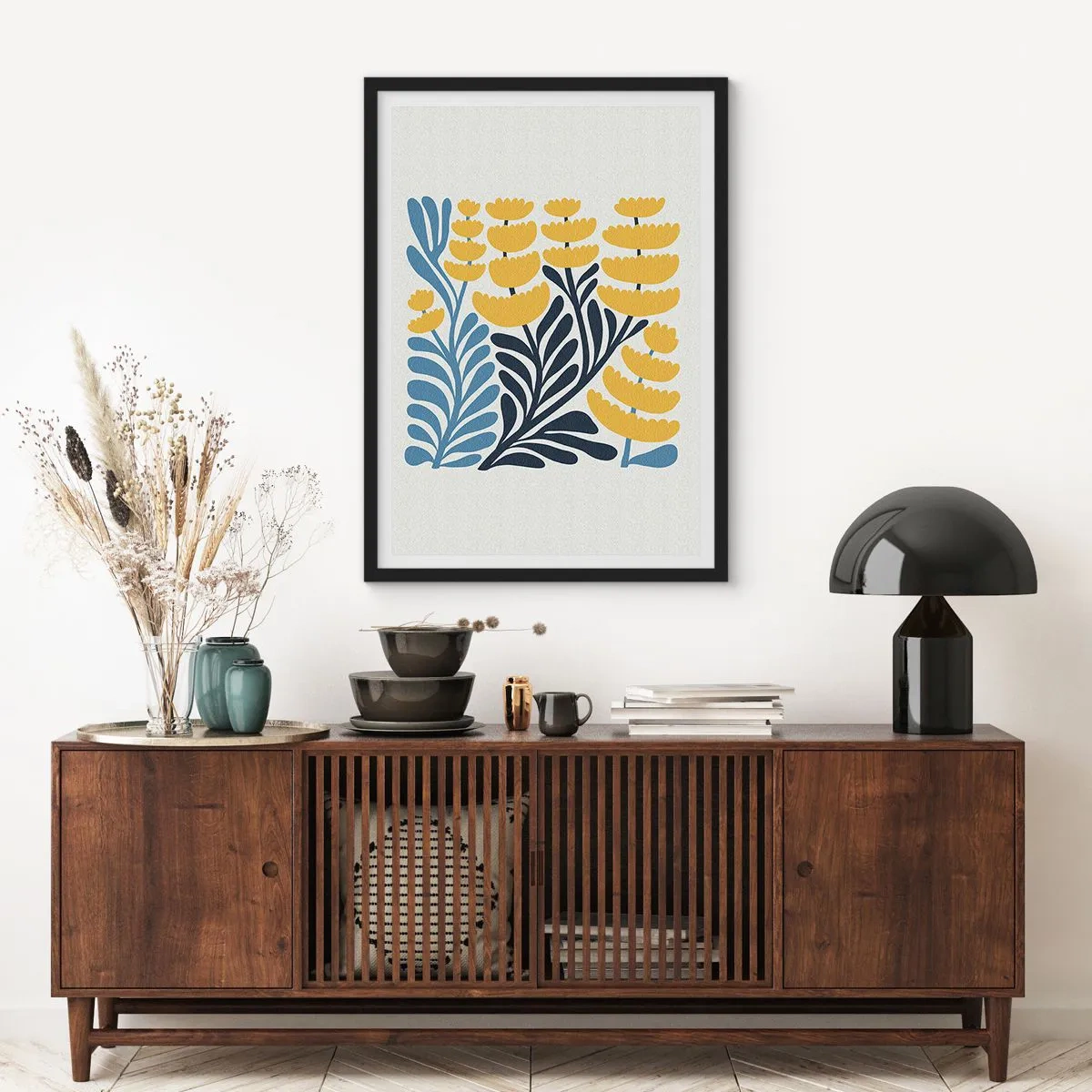 Plakat w czarnej ramie - Stylizowane żółte i granatowe kwiaty w minimalistycznym stylu - 50x70cm - Słoneczna rabata - Nowoczesna dekoracja ścienna do salonu i sypialni ARTTOR