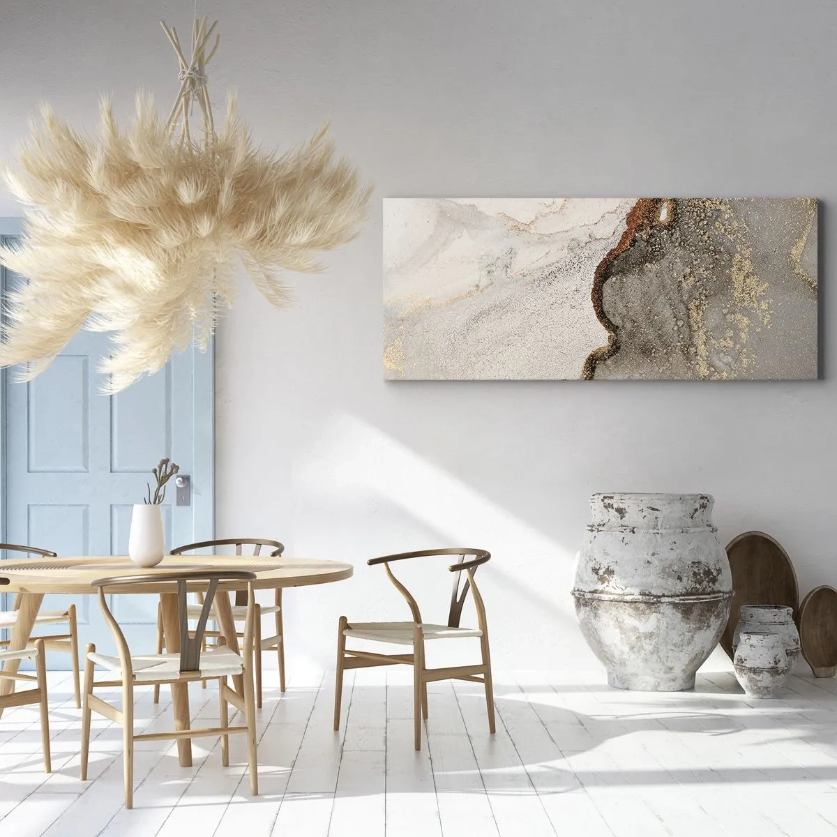 Obraz na płótnie - Abstrakcyjny motyw z odcieniami złota i szarości - 140x50cm - Na granicy barw - Nowoczesna dekoracja ścienna do salonu i sypialni ARTTOR