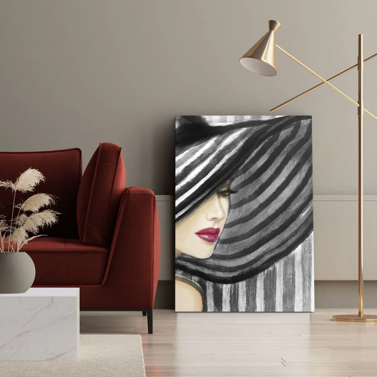 Obraz na płótnie - Kobieta w dużym czarno-białym kapeluszu z czerwonymi ustami - 50x70cm - Gdzie ciebie szukać? - Nowoczesna dekoracja ścienna do salonu, kuchni i sypialni ARTTOR