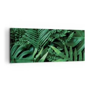 Obraz na płótnie - Zielone liście tropikalne w gęstej i naturalnej kompozycji - 120x50cm - Utulone w zieleni - Nowoczesna dekoracja ścienna do salonu i sypialni ARTTOR