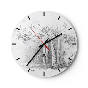 Zegar ścienny - Rysunek ołówkiem przedstawiający drzewa w leśnym krajobrazie - 30x30cm - Światło brzozowego lasu - Nowoczesna dekoracja ścienna do salonu, kuchni i sypialni ARTTOR