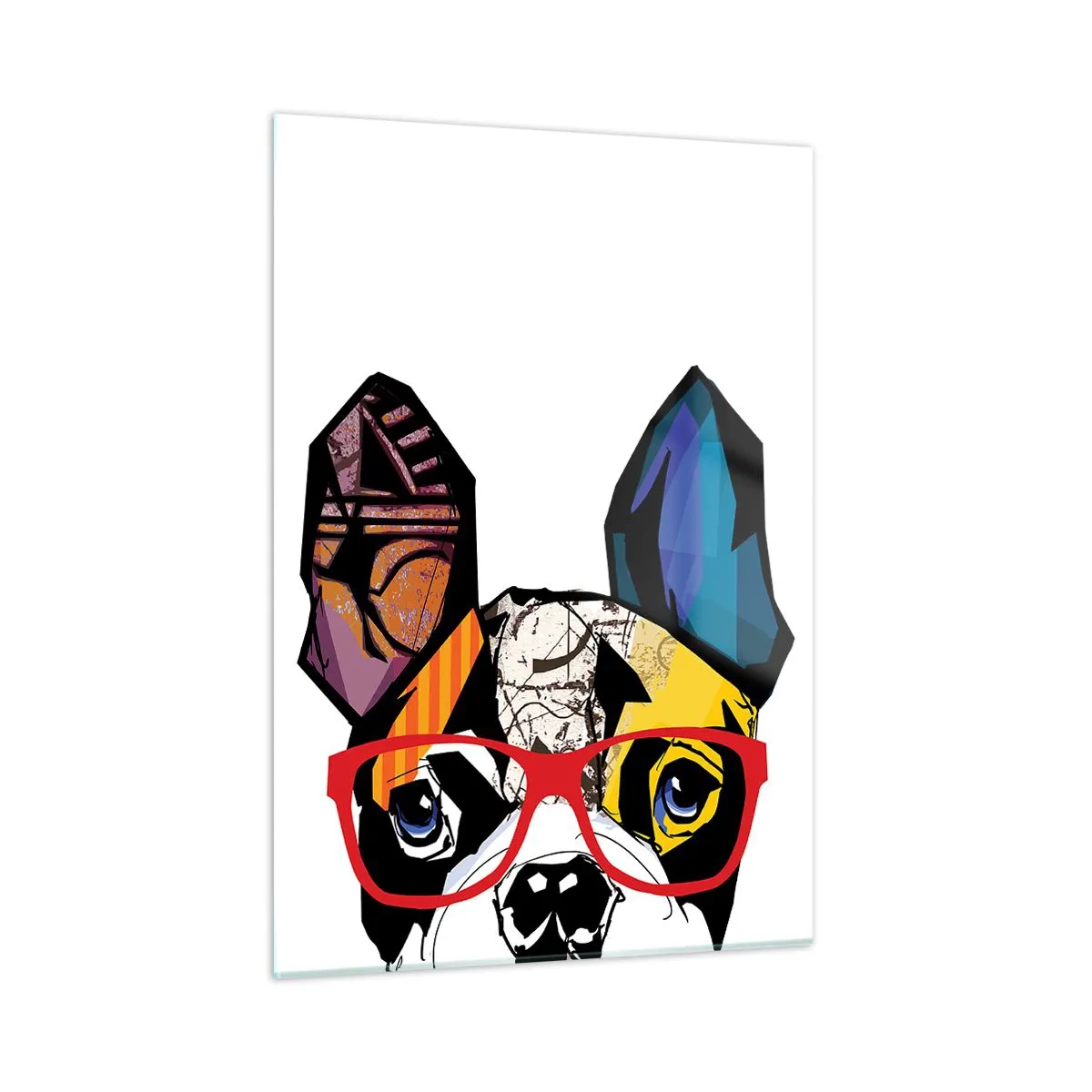 Obraz na szkle - Bulldog w kolorowych okularach na białym tle - 50x70cm - Intelektualista - Nowoczesna dekoracja ścienna do salonu, kuchni i sypialni ARTTOR