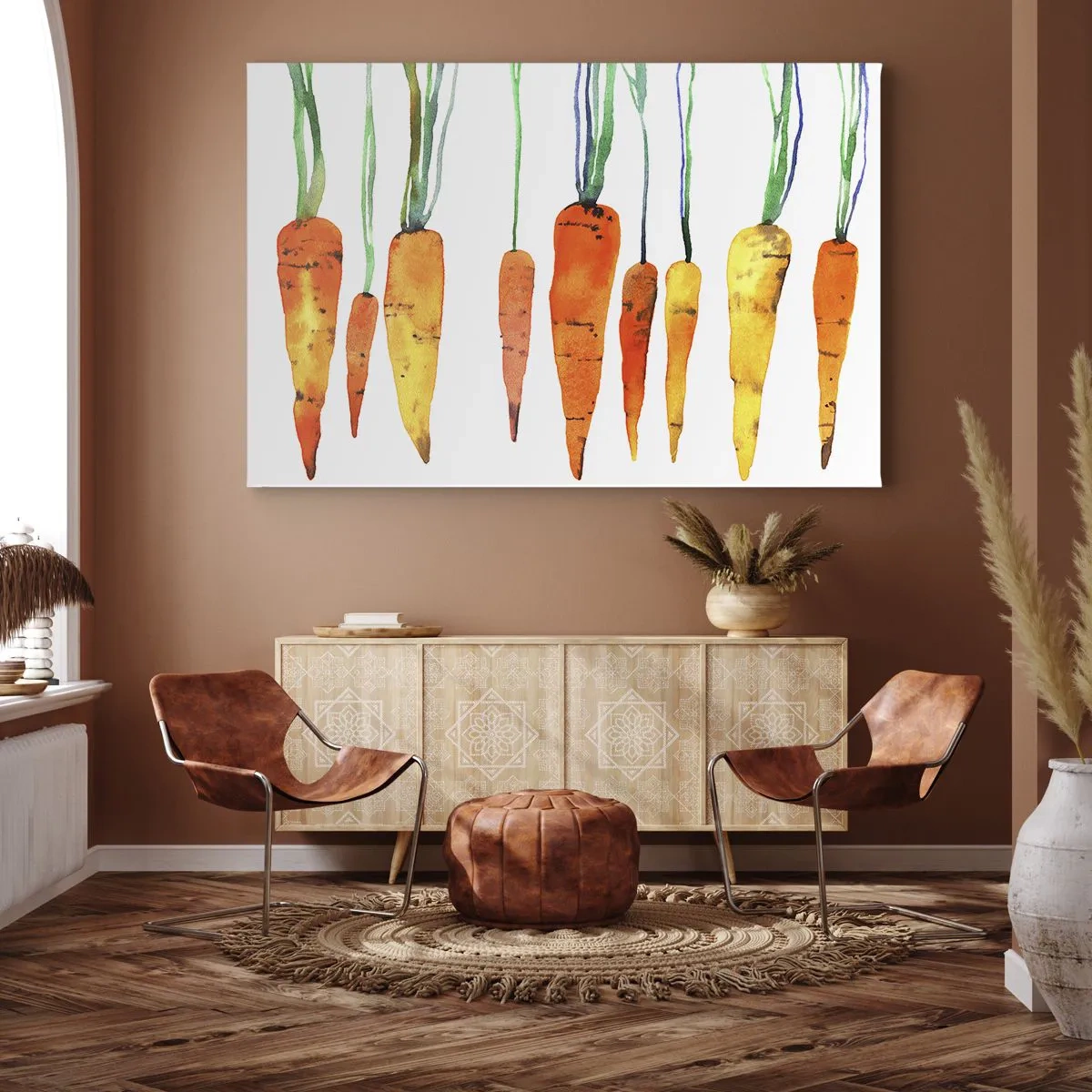 Obraz na płótnie - Akwarelowe marchewki w różnych odcieniach na białym tle - 70x50cm - Uroda zwyczajności - Nowoczesna dekoracja ścienna do salonu i sypialni ARTTOR