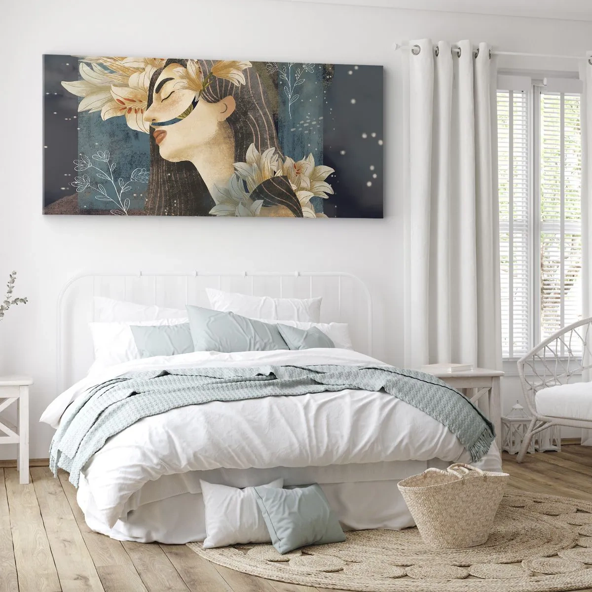 Obraz na płótnie - Portret kobiety z kwiatami w artystycznym stylu na ciemnym tle - 160x50cm - Baśń o królewnie z liliami - Nowoczesna dekoracja ścienna do salonu i sypialni ARTTOR