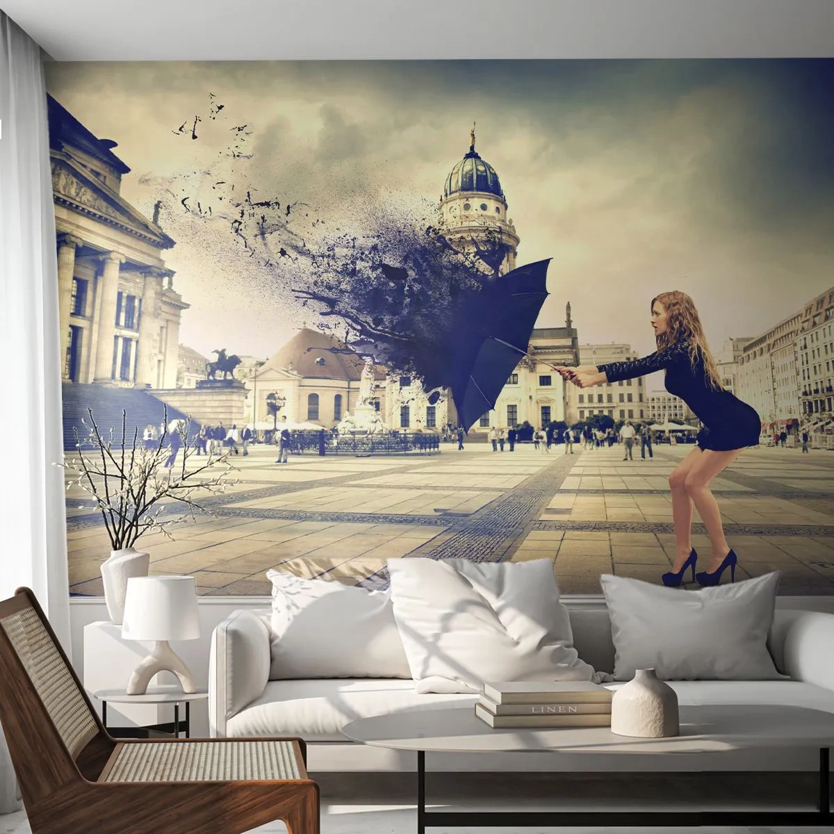Fototapeta Premium Canvas - Jest taki wiatr… - Kobieta, Miasto, Tajemniczy Parasol - 250x175 cm
