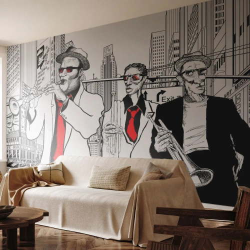 Fototapeta Premium Sand - Muzycy jazzowi w nowoczesnej ilustracji miasta - 100x70cm - Miejska rapsodia w czerni i czerwieni - Nowoczesna dekoracja ścienna do salonu, kuchni i sypialni ARTTOR