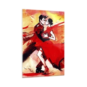Obraz na szkle - Para tańcząca tango w czerwonych tonacjach na dynamicznym tle - 80x120cm - Purpurowy rytm namiętności - Nowoczesna dekoracja ścienna do salonu i sypialni ARTTOR