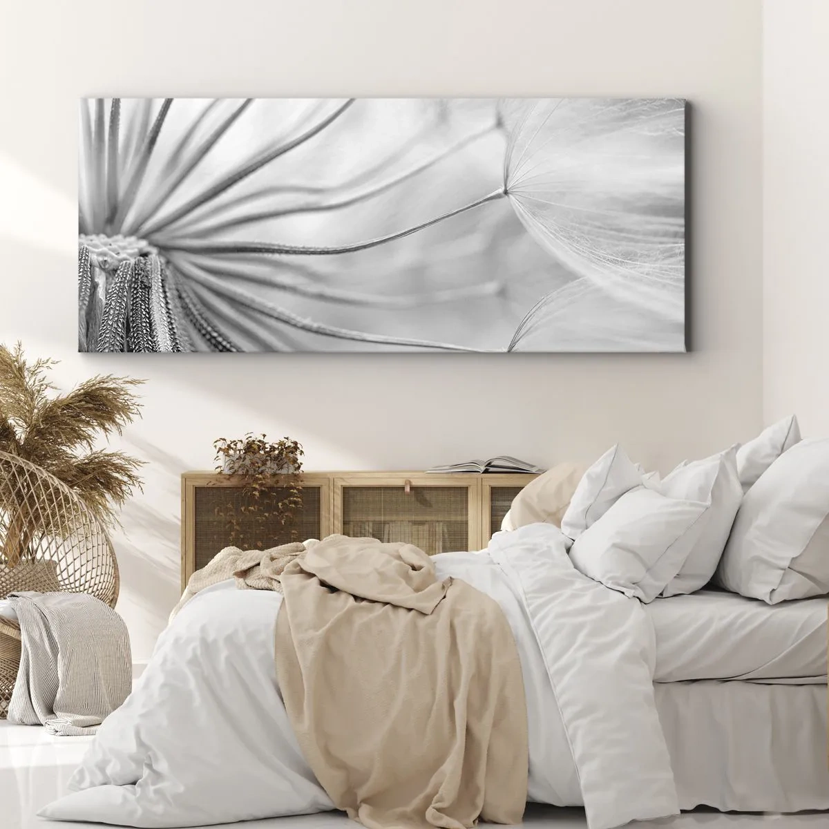 Obraz na płótnie - Delikatne dmuchawce w czarno-białej tonacji - 120x50cm - Dmuchawce, latawce - Nowoczesna dekoracja ścienna do salonu i sypialni ARTTOR