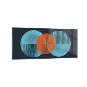 Obraz na szkle - Geometryczne koła w odcieniach niebieskiego i pomarańczowego - 120x50cm - Kompozycja symetryczna - Nowoczesna dekoracja ścienna do salonu i sypialni ARTTOR