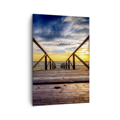 Obraz na płótnie - Drewniany pomost prowadzący na plażę o zachodzie słońca - 70x100cm - Prosto na cichą plażę o zachodzie słońca - Nowoczesna dekoracja ścienna do salonu i sypialni ARTTOR