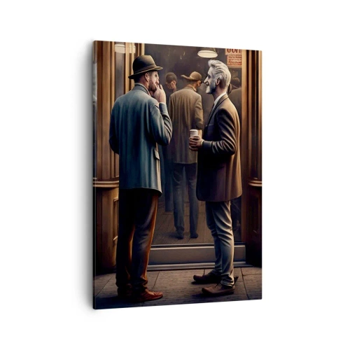 Obraz na płótnie - Dwóch elegancko ubranych mężczyzn przed kawiarnią - 50x70cm - Dobra chwila dnia - Nowoczesna dekoracja ścienna do salonu, kuchni i sypialni ARTTOR