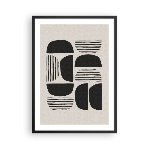 Plakat w czarnej ramie - Geometryczna abstrakcja z czarnymi kształtami i liniami - 50x70cm - Połowiczne układy - Nowoczesna dekoracja ścienna do salonu i sypialni ARTTOR