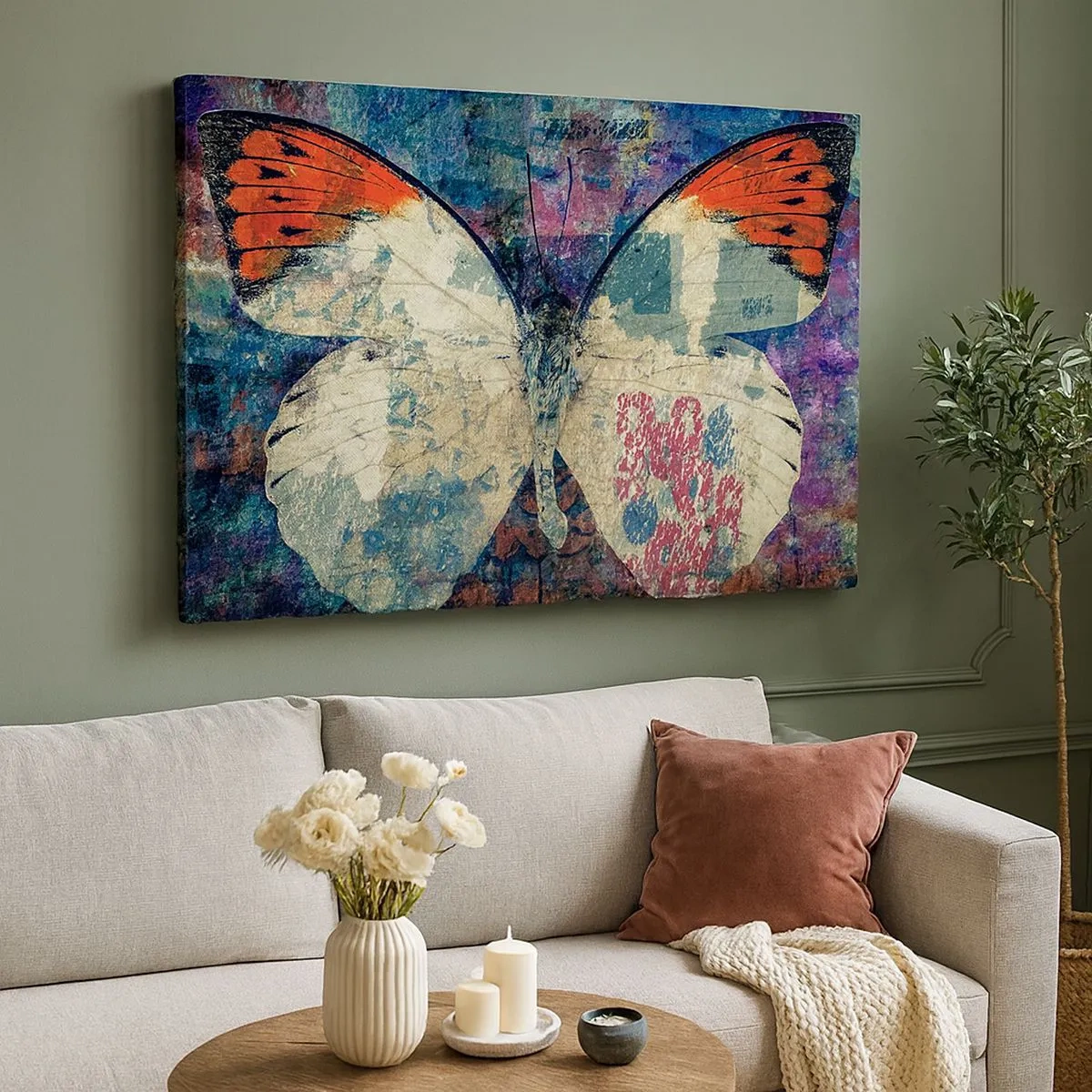 Obraz na płótnie - Motyl w abstrakcyjnym artystycznym tle z kolorowymi detalami - 70x50cm - Subtelna kruchość - Nowoczesna dekoracja ścienna do salonu i sypialni ARTTOR