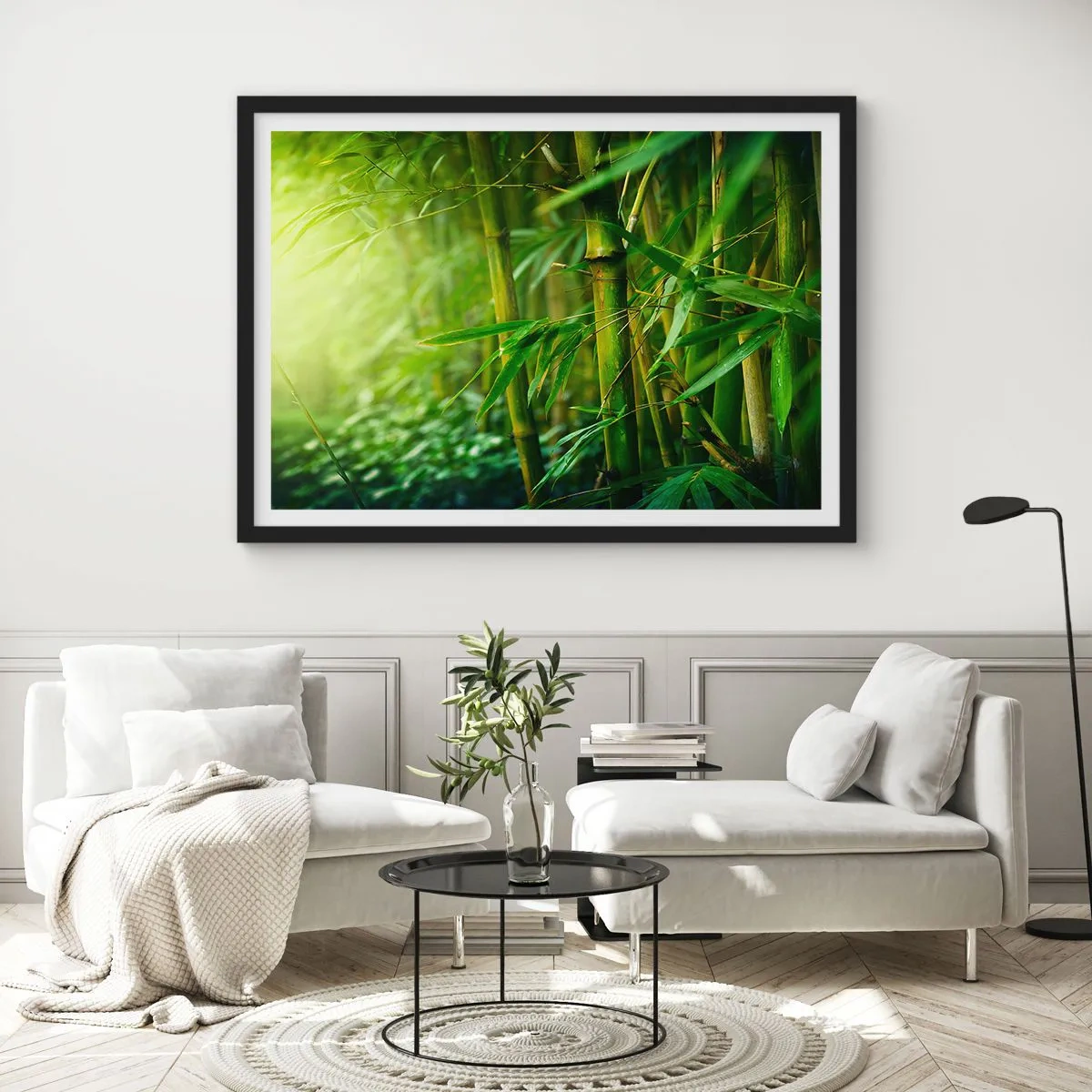 Plakat w czarnej ramie - Zielony bambusowy las w delikatnym świetle - 70x50cm - Poznać zieleń samą w sobie - Nowoczesna dekoracja ścienna do salonu i sypialni ARTTOR