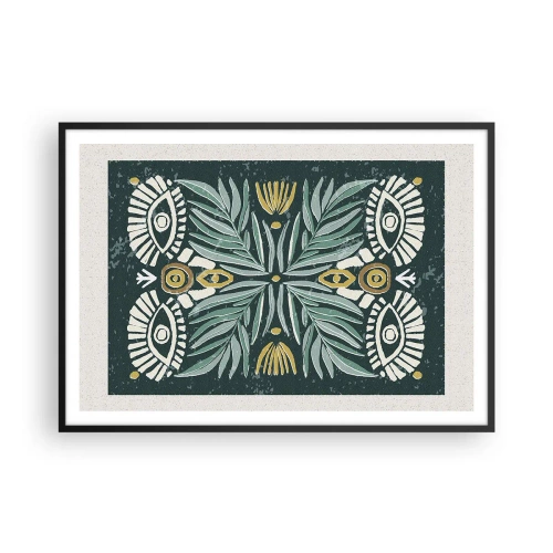Plakat w czarnej ramie - Symetryczny wzór roślinny na zielonym tle - 100x70cm - Jak ludowa wycinanka - Nowoczesna dekoracja ścienna do salonu i sypialni ARTTOR