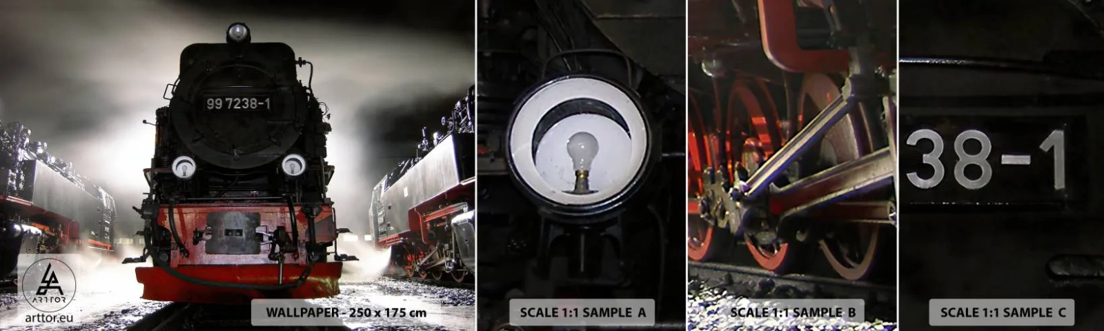 Fototapeta Próbka Samoprzylepna Deluxe Sticker - Stoi i sapie, dyszy i dmucha - Lokomotywa Parowa, Stacja Kolejowa, Motoryzacja - 100x30 cm