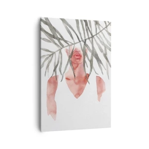 Obraz na płótnie - Sylwetka kobiety w akwarelowym stylu częściowo zakryta liśćmi palmy - 70x100cm - Dama tropików - Nowoczesna dekoracja ścienna do salonu i sypialni ARTTOR