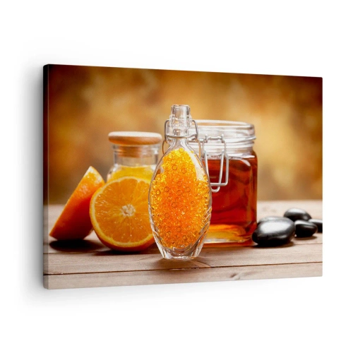 Obraz na płótnie - Butelka z bursztynowym płynem i świeże pomarańcze - 70x50cm - Słoneczne smaki i aromaty - Nowoczesna dekoracja ścienna do salonu i sypialni ARTTOR