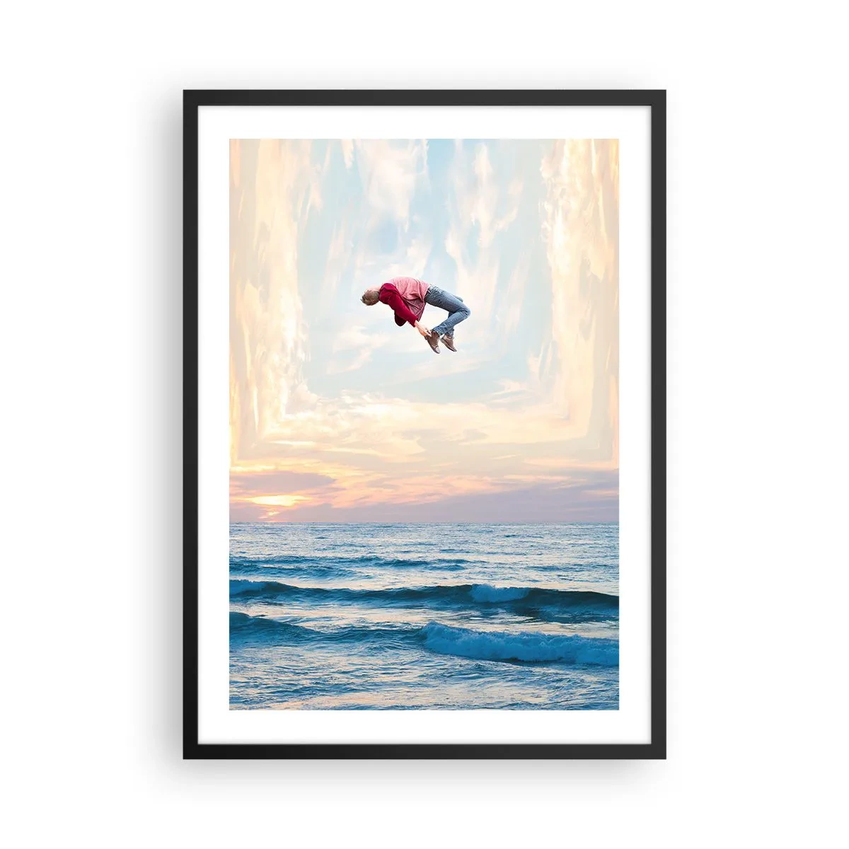 Plakat w czarnej ramie - Skok mężczyzny w niebo nad oceanem o zachodzie słońca - 50x70cm - Do innego wymiaru - Nowoczesna dekoracja ścienna do salonu i sypialni ARTTOR