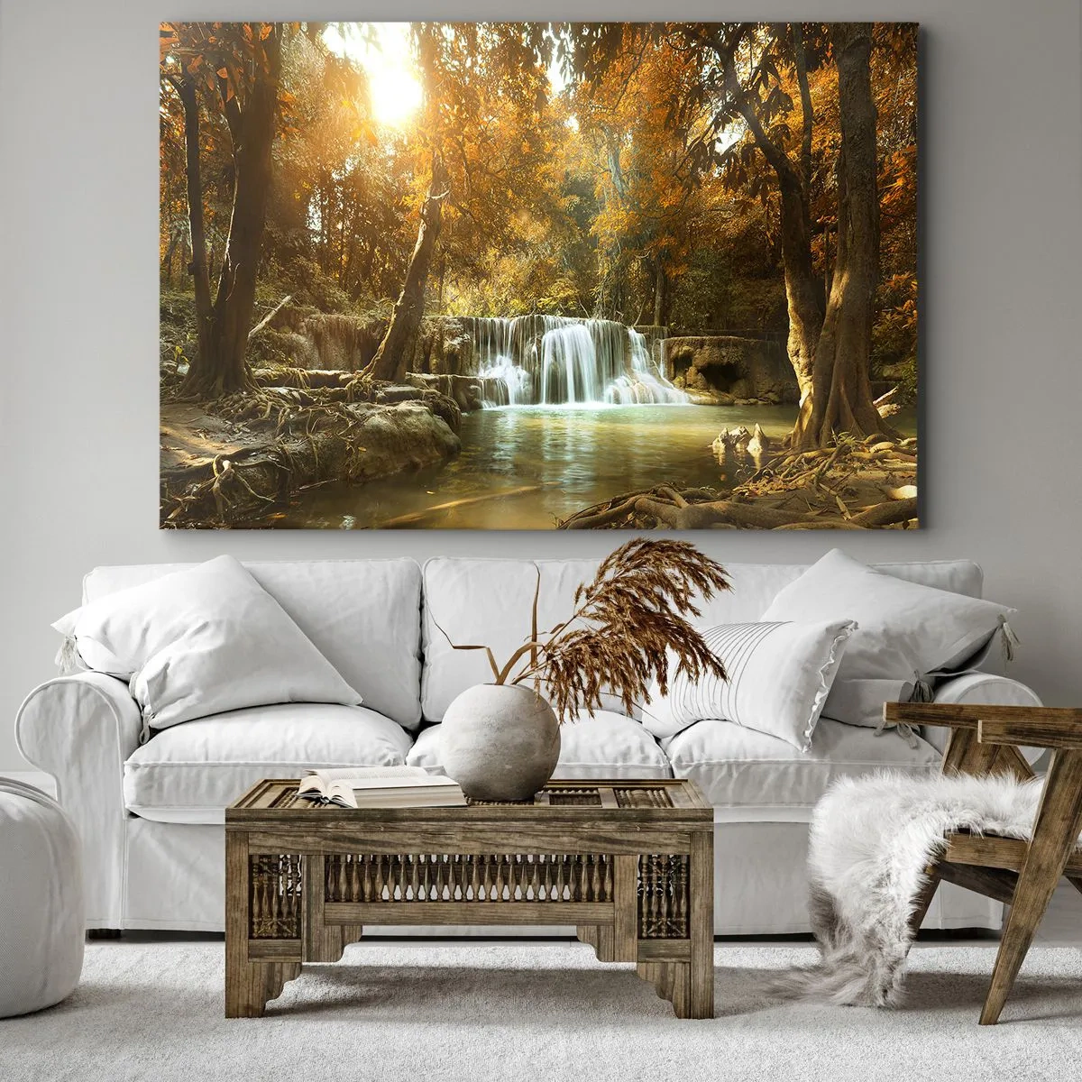 Obraz na płótnie - Jesienny krajobraz z wodospadem - 70x50cm - Parkowa kaskada - Nowoczesna dekoracja ścienna do salonu i sypialni ARTTOR