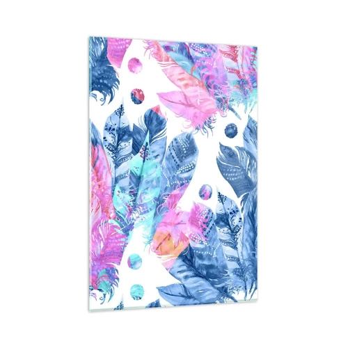Obraz na szkle - Abstrakcyjny wzór z kolorowymi piórami w pastelowych odcieniach - 80x120cm - Pióropusze w różu i błękicie - Nowoczesna dekoracja ścienna do salonu i sypialni ARTTOR