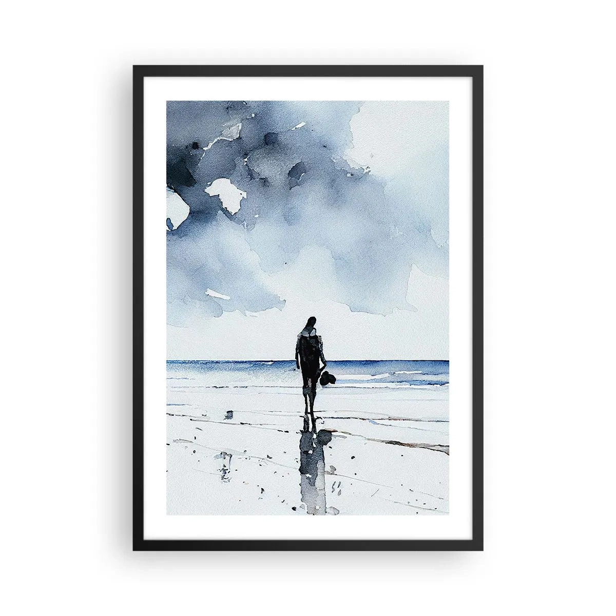 Plakat w czarnej ramie - Akwarelowy pejzaż z postacią na plaży - 50x70cm - Rozmowa z morzem - Nowoczesna dekoracja ścienna do salonu i sypialni ARTTOR