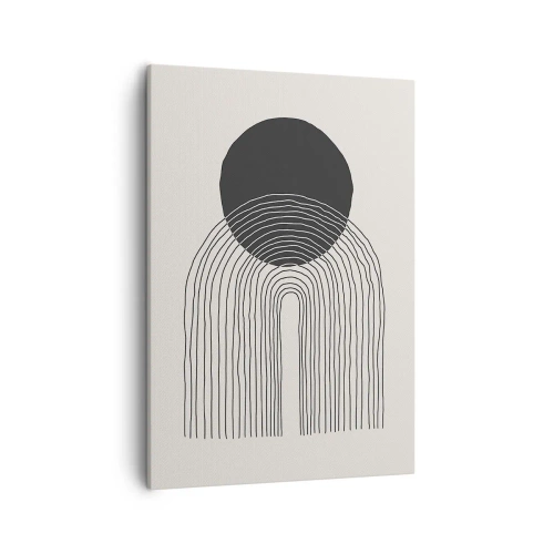 Obraz na płótnie - Minimalistyczna grafika z czarnym kołem i liniowym łukiem - 50x70cm - Drżenie i pewność - Nowoczesna dekoracja ścienna do salonu, kuchni i sypialni ARTTOR