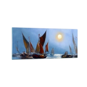 Obraz na szkle - Łodzie z żaglami na spokojnej wodzie przy zachodzie słońca - 120x50cm - Nocny połów - Nowoczesna dekoracja ścienna do salonu i sypialni ARTTOR