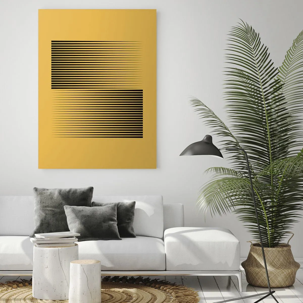 Obraz na szkle - Czarne pionowe linie tworzące geometryczną iluzję - 50x70cm - Kwadratura przeciwieństw - Nowoczesna dekoracja ścienna do salonu, kuchni i sypialni ARTTOR